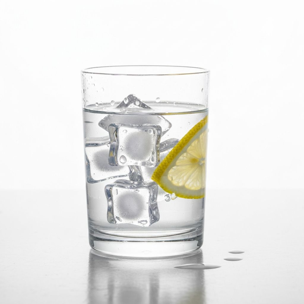 Water glass with ice cubes and lemon